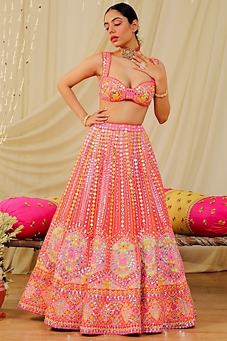 Orange Embroidered Lehenga Set by Rajbinder Chaha