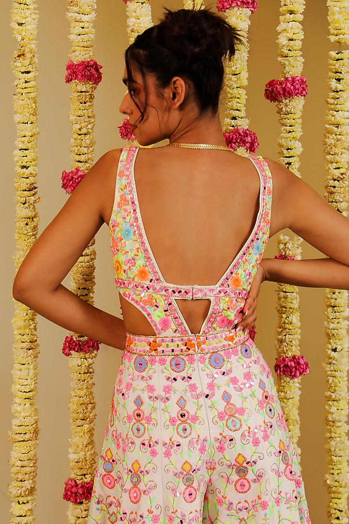 White Dupion Silk Embroidered Jumpsuit by Rajbinder Chaha at Pernia's Pop Up Shop
