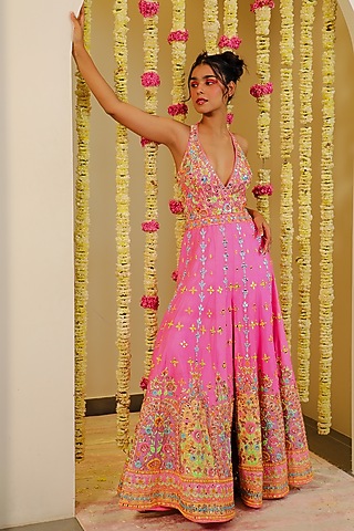 Hot Pink Dupion Silk Embroidered Jumpsuit by Rajbinder Chaha