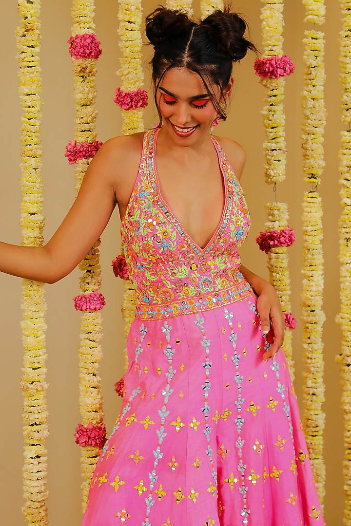 Hot Pink Dupion Silk Embroidered Jumpsuit by Rajbinder Chaha at Pernia's Pop Up Shop