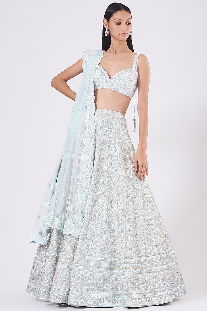 Powder Blue Embroidered Lehenga Set by Rajbinder Chahal