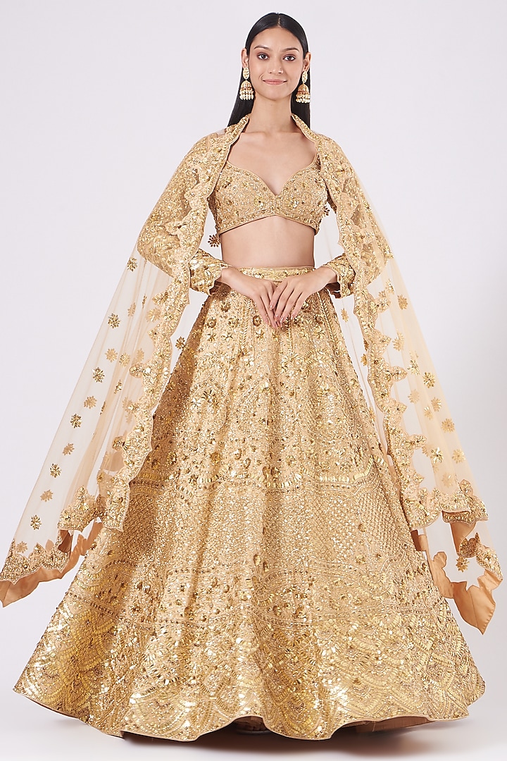 Golden Embroidered Lehenga Set by Rajbinder Chahal