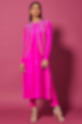 Neon Pink Embellished Kurta Set by Rajnita A Gupta