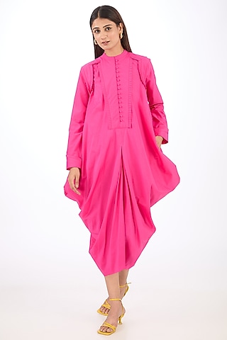 Pink Cotton Silk Draped Dress by Rishta By Arjun Saluja