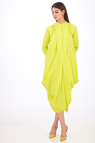 Yellow Cotton Silk Draped Dress by Rishta By Arjun Saluja