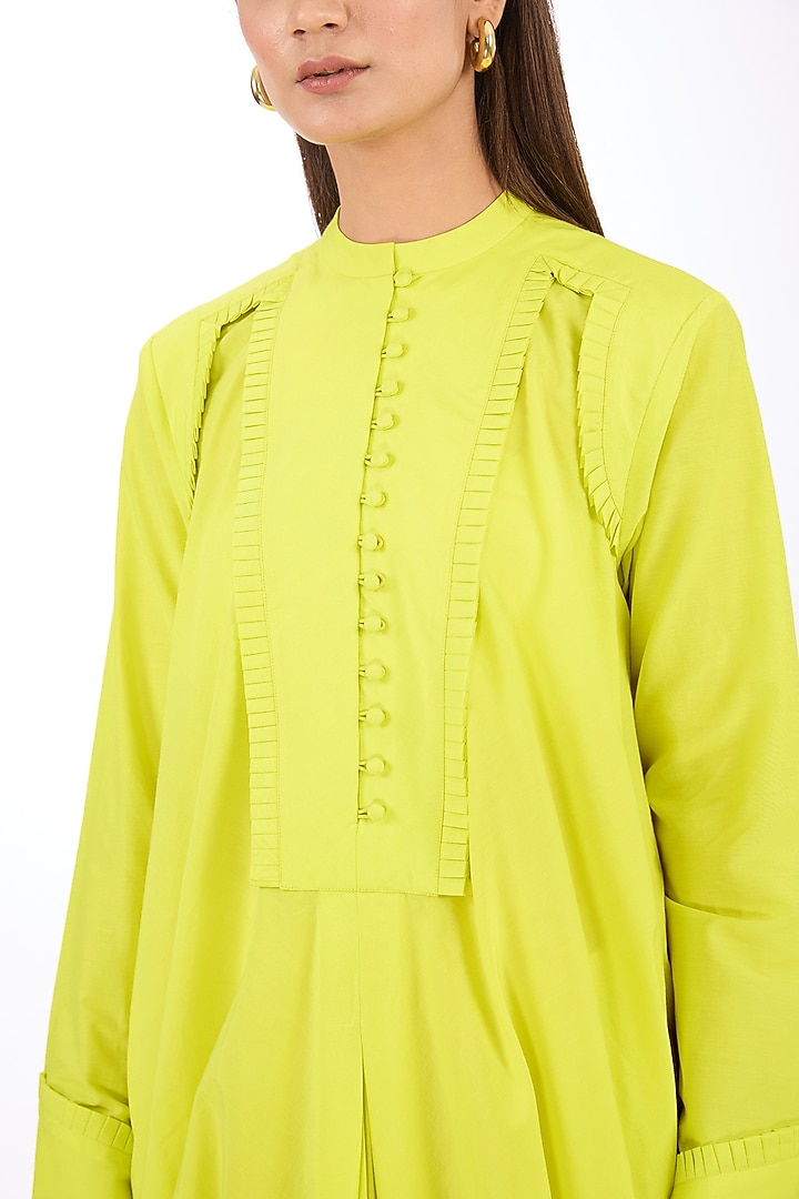Yellow Cotton Silk Draped Vacation Dress by Rishta By Arjun Saluja at Pernia's Pop Up Shop