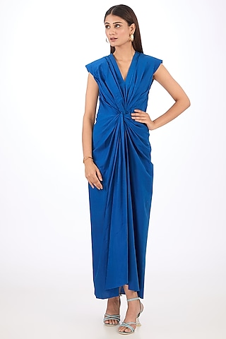 Blue Cotton Silk Knotted Maxi Dress by Rishta By Arjun Saluja