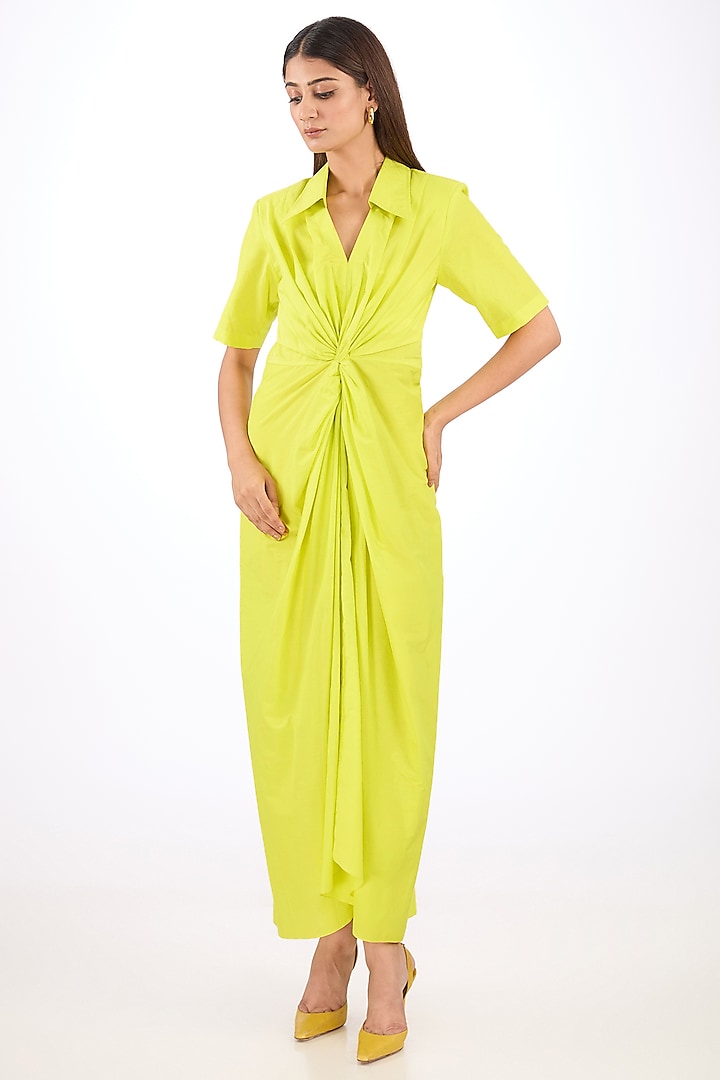 Yellow Cotton Silk Knotted Maxi Dress by Rishta By Arjun Saluja at Pernia's Pop Up Shop