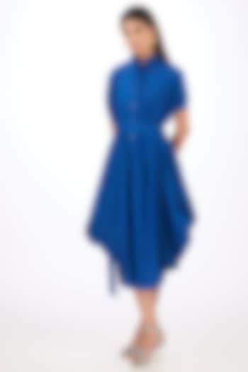 Blue Cotton Silk Midi Draped Vacation Dress by Rishta By Arjun Saluja at Pernia's Pop Up Shop