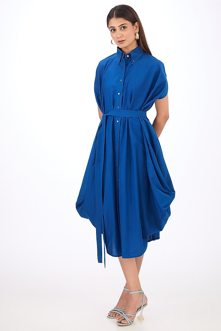 Blue Cotton Silk Midi Draped Vacation Dress by Rishta By Arjun Saluja at Pernia's Pop Up Shop