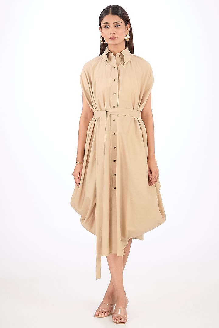 Beige Cotton Silk Midi Draped Dress by Rishta By Arjun Saluja at Pernia's Pop Up Shop