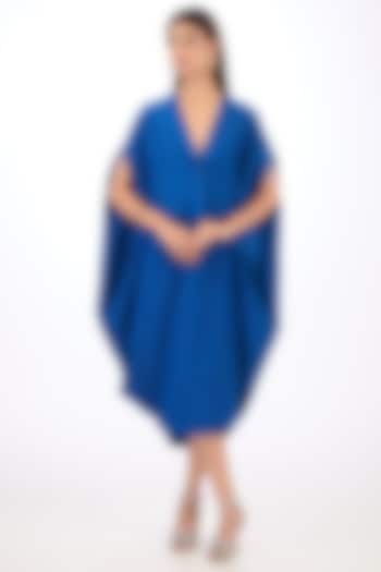 Blue Cotton Silk Midi Draped Vacation Dress by Rishta By Arjun Saluja at Pernia's Pop Up Shop