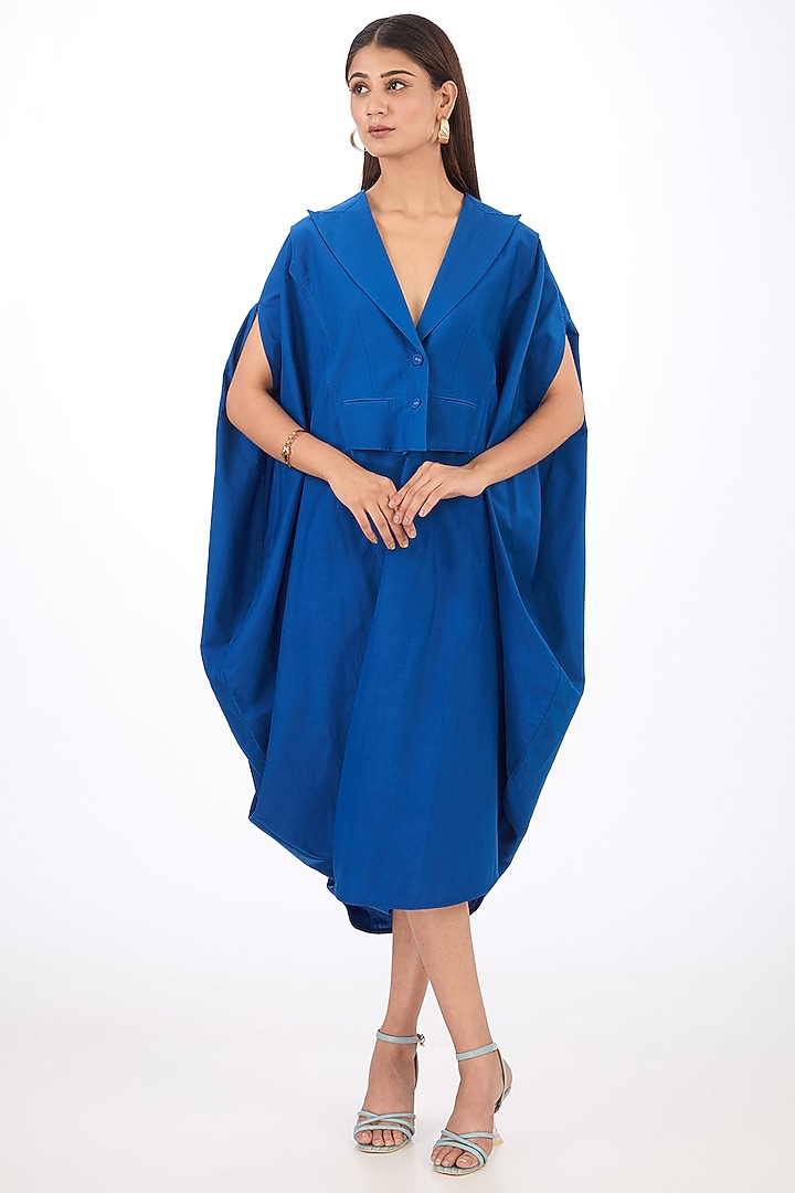 Blue Cotton Silk Midi Draped Vacation Dress by Rishta By Arjun Saluja at Pernia's Pop Up Shop