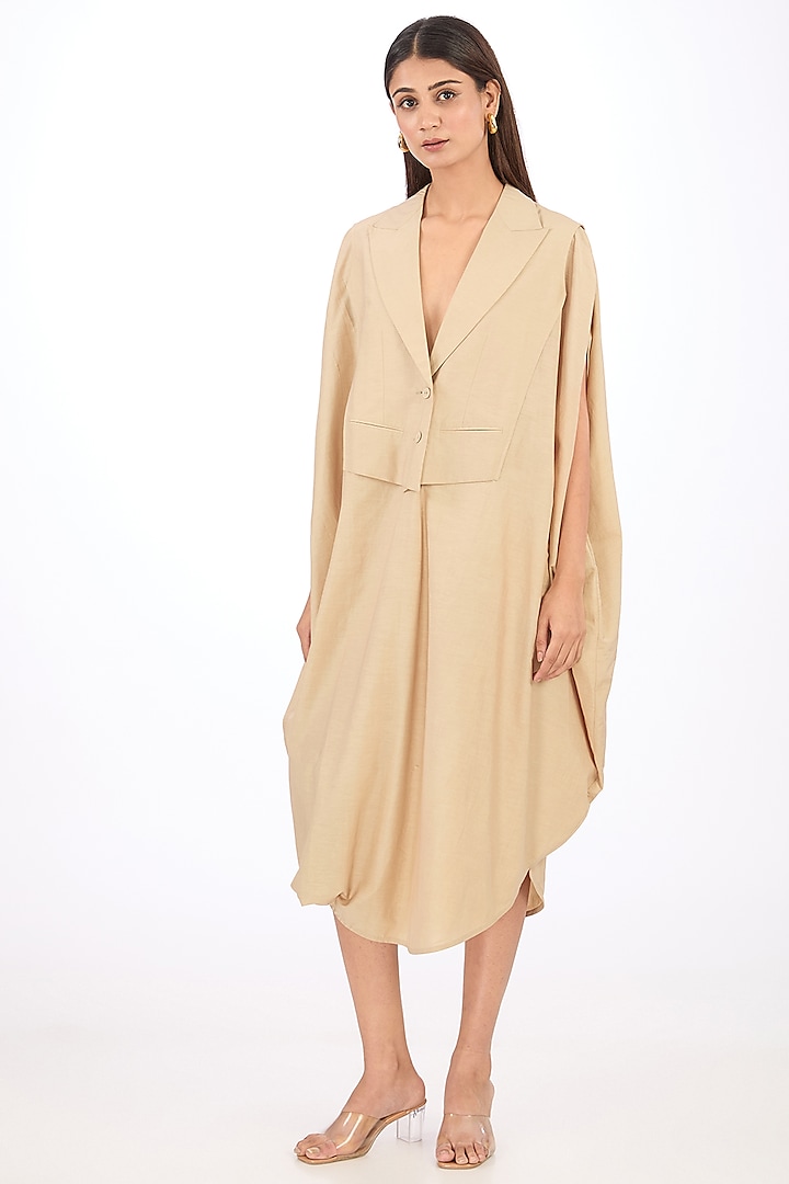 Beige Cotton Silk Midi Draped Dress by Rishta By Arjun Saluja at Pernia's Pop Up Shop