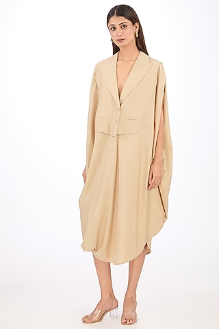 Beige Cotton Silk Midi Draped Dress by Rishta By Arjun Saluja