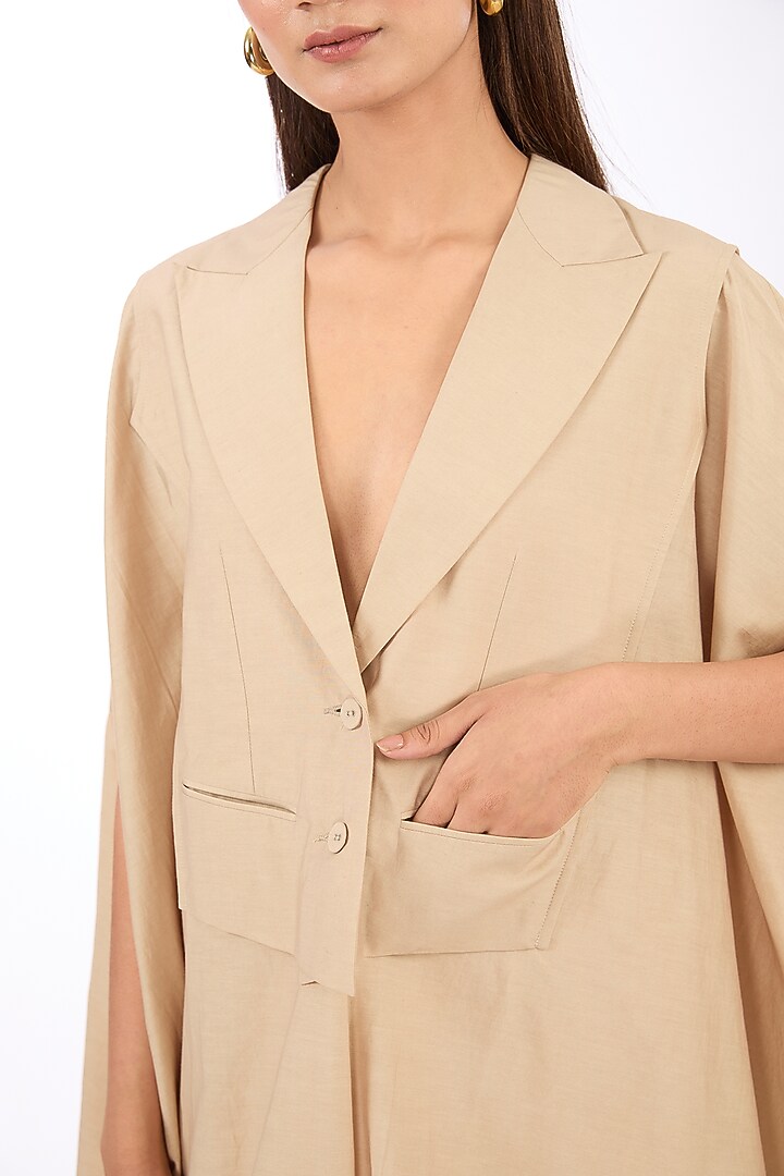 Beige Cotton Silk Midi Draped Vacation Dress by Rishta By Arjun Saluja at Pernia's Pop Up Shop