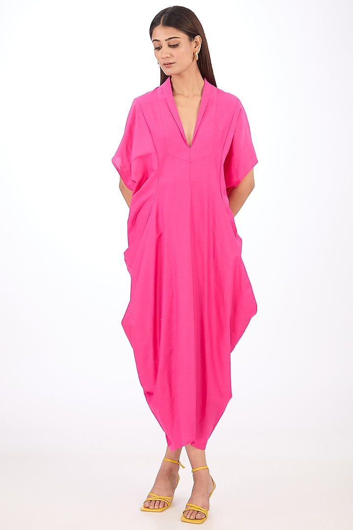 Pink Cotton Silk Draped Dress by Rishta By Arjun Saluja at Pernia's Pop Up Shop