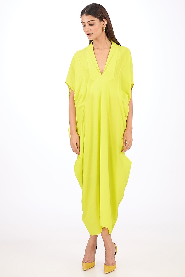 Yellow Cotton Silk Draped Dress by Rishta By Arjun Saluja at Pernia's Pop Up Shop