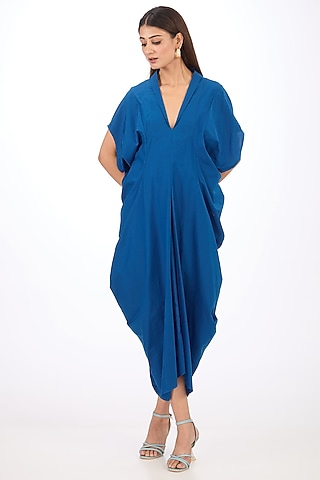 Blue Cotton Silk Draped Dress by Rishta By Arjun Saluja
