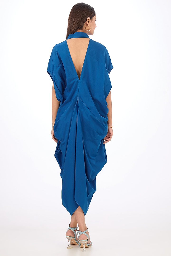Blue Cotton Silk Draped Vacation Dress by Rishta By Arjun Saluja at Pernia's Pop Up Shop