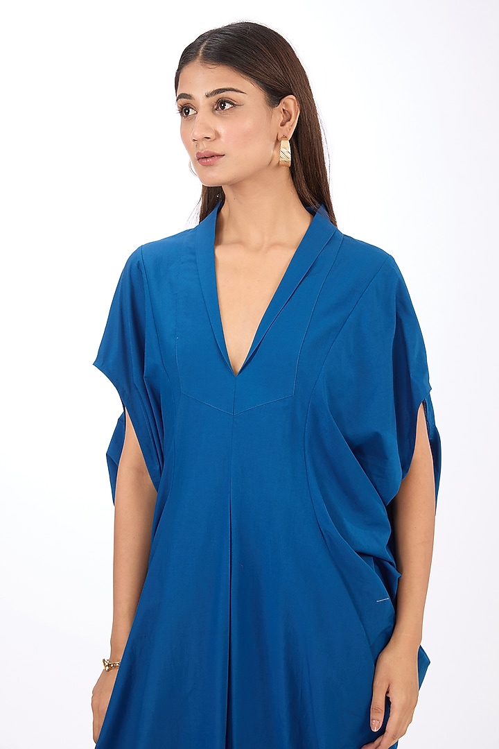 Blue Cotton Silk Draped Vacation Dress by Rishta By Arjun Saluja at Pernia's Pop Up Shop