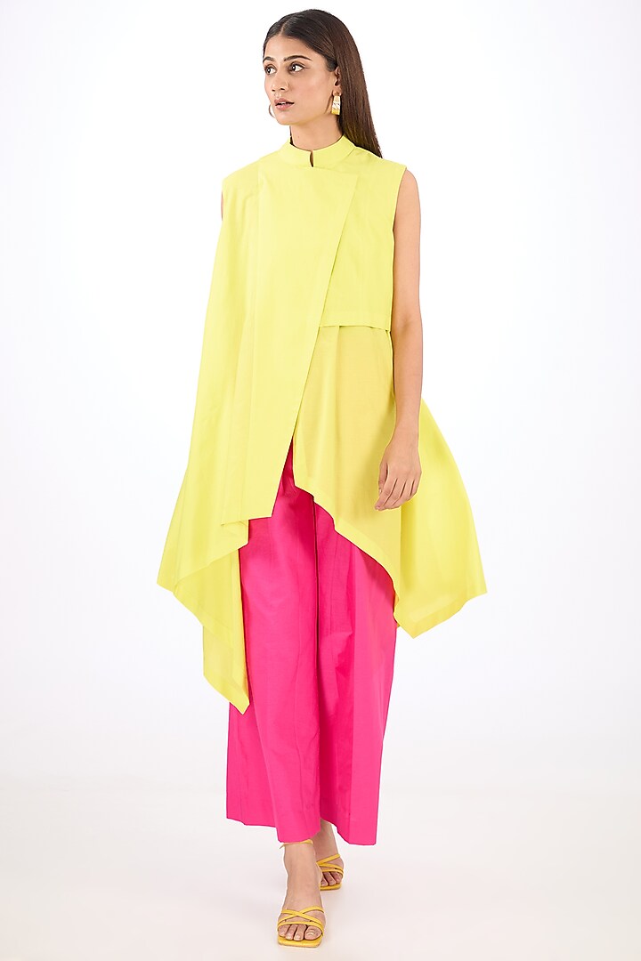 Yellow Cotton Silk Asymmetrical Layered Vest by Rishta By Arjun Saluja at Pernia's Pop Up Shop