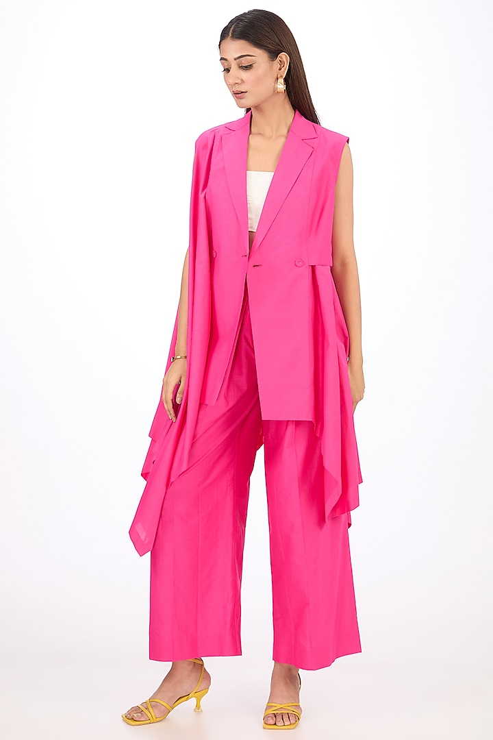 Pink Cotton Silk Asymmetrical Layered Vest by Rishta By Arjun Saluja at Pernia's Pop Up Shop