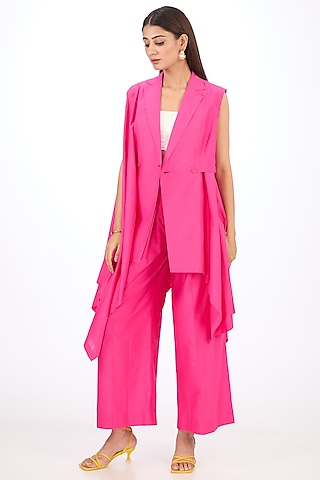 Pink Cotton Silk Asymmetrical Layered Vest by Rishta By Arjun Saluja