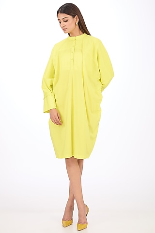 Yellow Cotton Silk Draped Dress by Rishta By Arjun Saluja