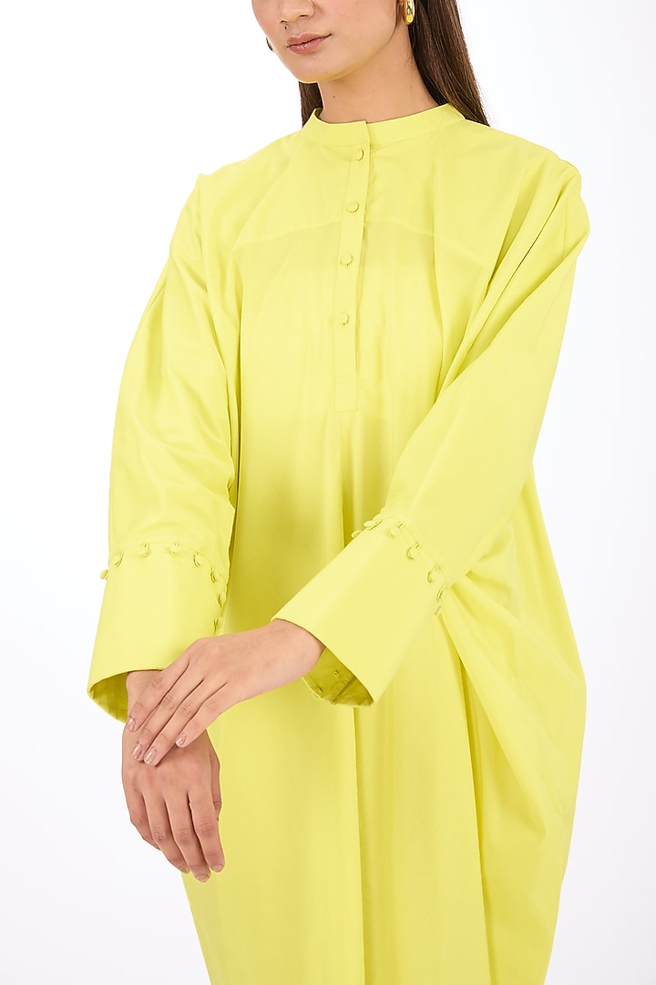 Yellow Cotton Silk Draped Vacation Dress by Rishta By Arjun Saluja at Pernia's Pop Up Shop