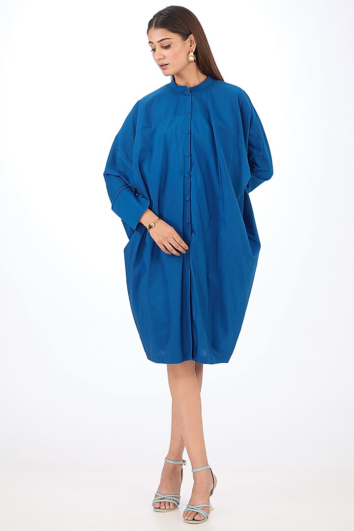 Blue Cotton Silk Draped Dress by Rishta By Arjun Saluja at Pernia's Pop Up Shop