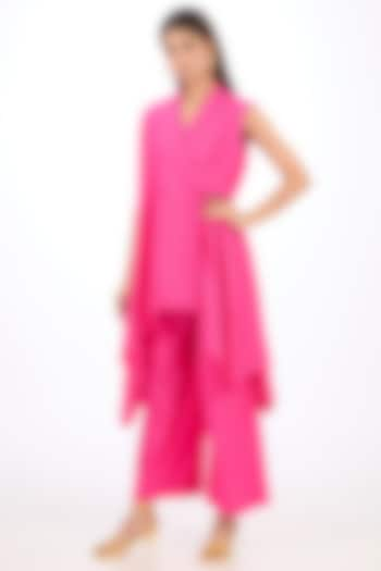 Pink Cotton Silk Asymmetrical Layered Vest by Rishta By Arjun Saluja at Pernia's Pop Up Shop