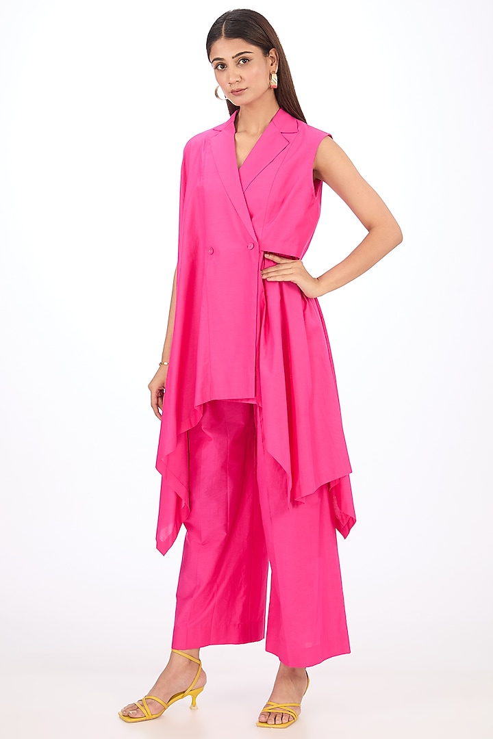 Pink Cotton Silk Asymmetrical Layered Vest by Rishta By Arjun Saluja at Pernia's Pop Up Shop