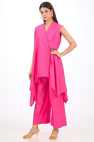 Pink Cotton Silk Asymmetrical Layered Vest by Rishta By Arjun Saluja