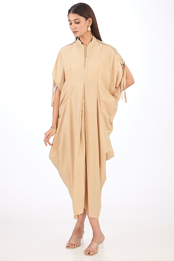 Beige Cotton Silk Draped Dress by Rishta By Arjun Saluja at Pernia's Pop Up Shop