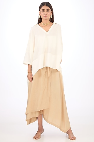 Ivory Cotton Silk Draped Top by Rishta By Arjun Saluja
