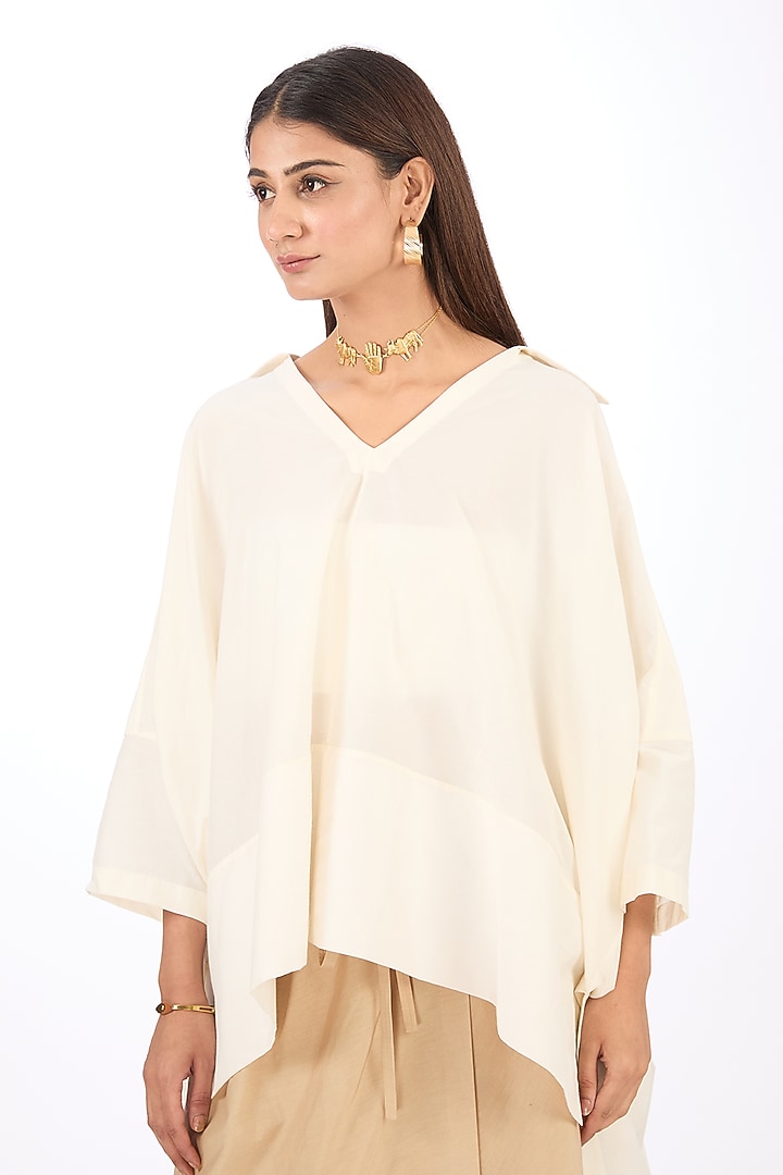 Ivory Cotton Silk Draped Top by Rishta By Arjun Saluja at Pernia's Pop Up Shop