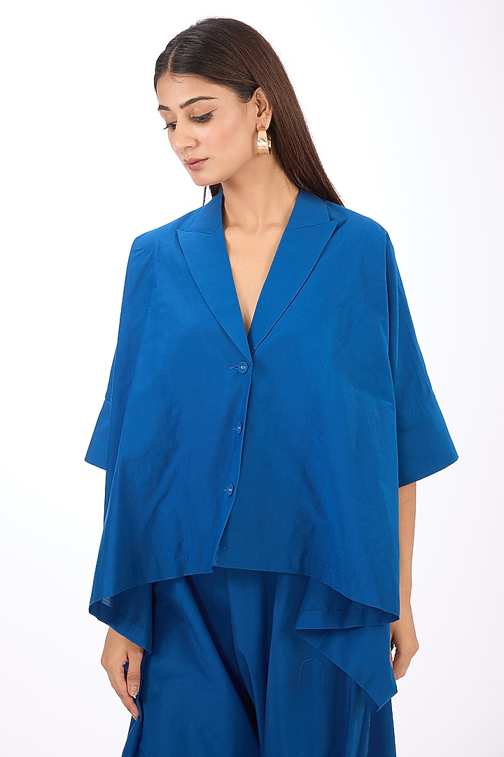 Blue Cotton Silk Deconstructed Top by Rishta By Arjun Saluja at Pernia's Pop Up Shop