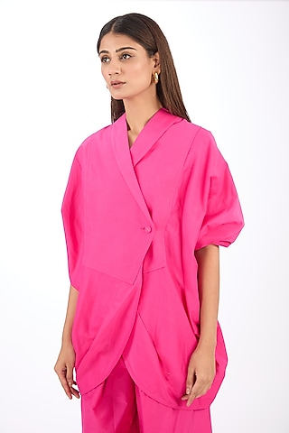 Pink Cotton Silk Double-Breasted Top by Rishta By Arjun Saluja