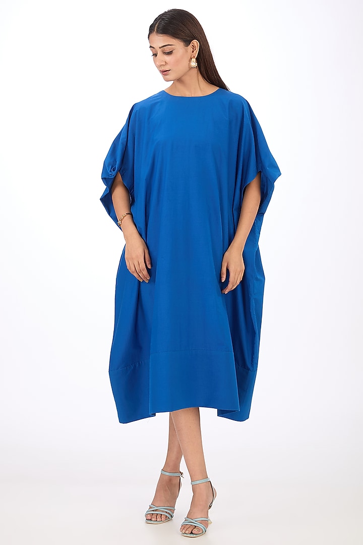 Blue Cotton Silk Cape Dress by Rishta By Arjun Saluja at Pernia's Pop Up Shop