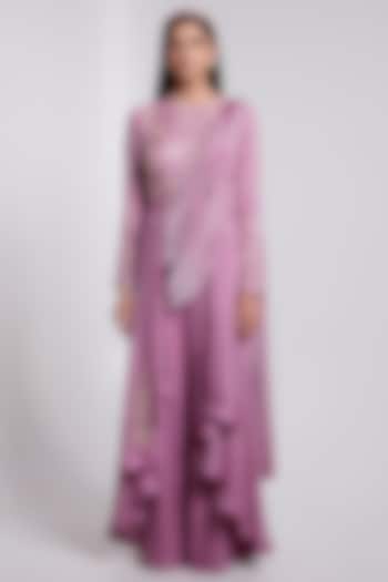Lilac Crepe & Crush Satin Silk Pant Saree Set by Rajkumari And Suresh
