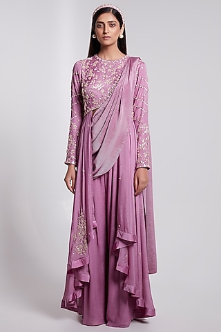 Lilac Crepe & Crush Satin Silk Pant Saree Set by Rajkumari and Suresh