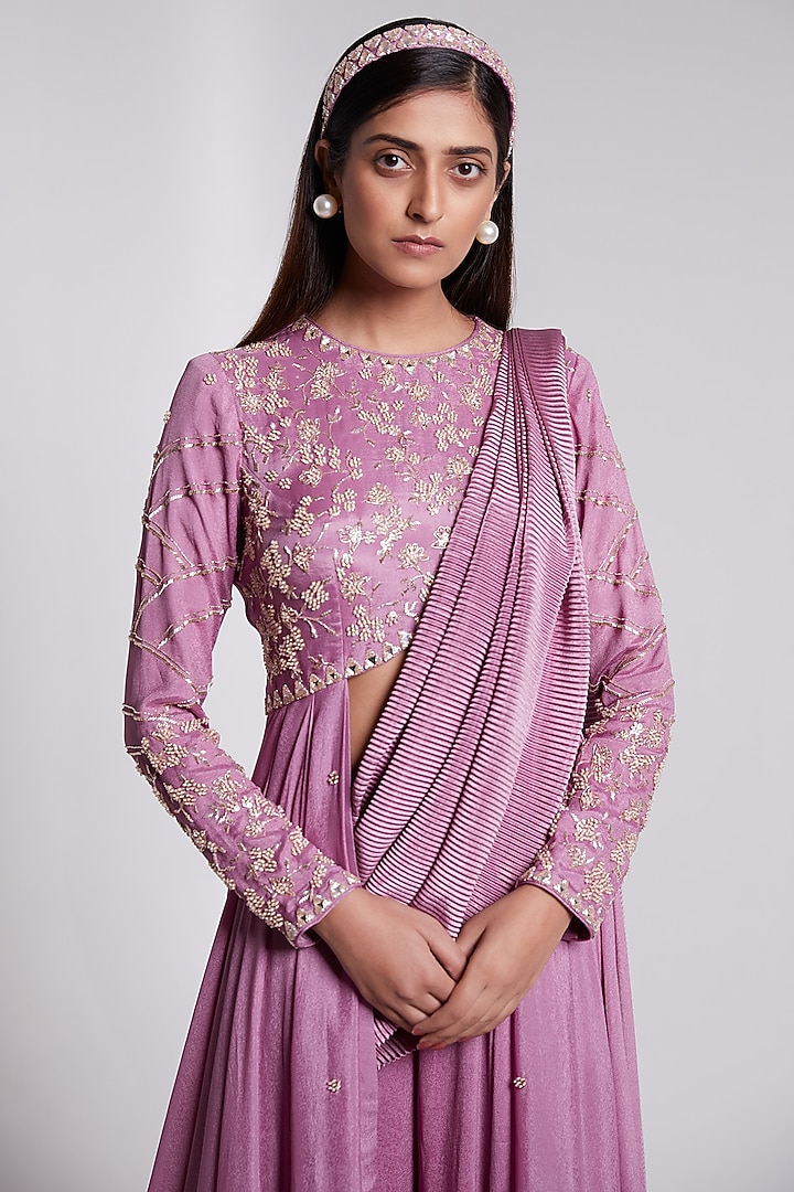 Lilac Crepe & Crush Satin Silk Pant Wedding Saree Set by Rajkumari and Suresh at Pernia's Pop Up Shop