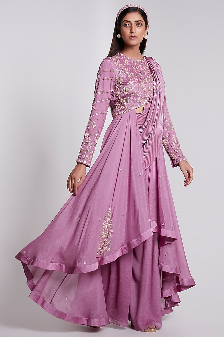 Lilac Crepe & Crush Satin Silk Pant Wedding Saree Set by Rajkumari and Suresh at Pernia's Pop Up Shop