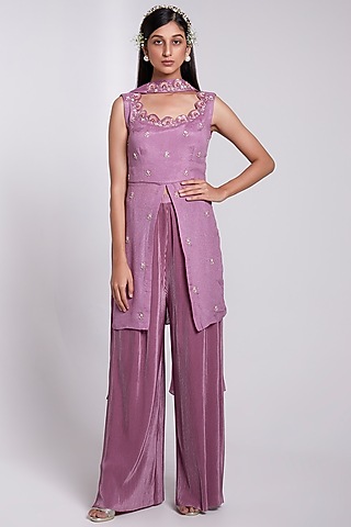 Lilac Crepe & Crush Satin Silk Sharara Set by Rajkumari and Suresh