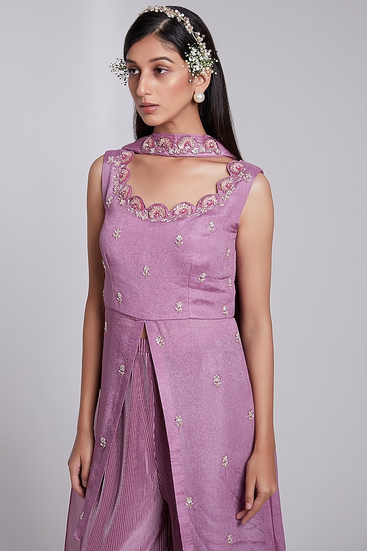 Lilac Crepe & Crush Satin Silk Party Wear Sharara Set by Rajkumari and Suresh at Pernia's Pop Up Shop
