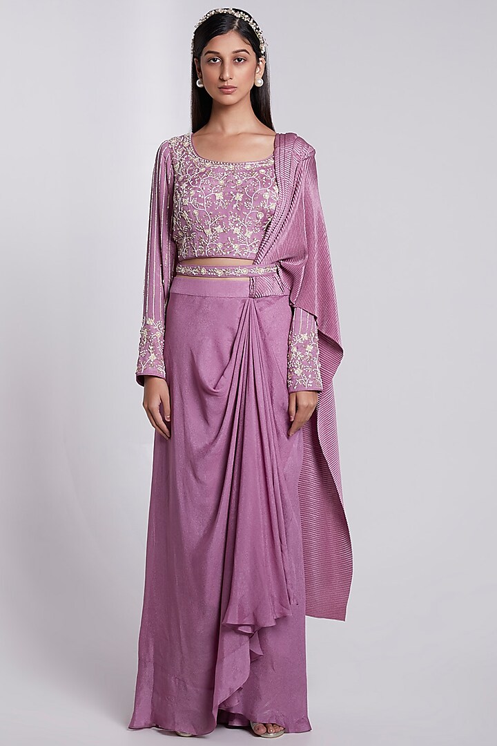 Lilac Crepe & Crush Satin Silk Skirt Saree Set by Rajkumari And Suresh