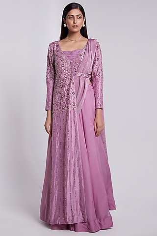 Lilac Crepe & Crush Satin Silk Pre-Draped Lehenga Saree Set by Rajkumari and Suresh