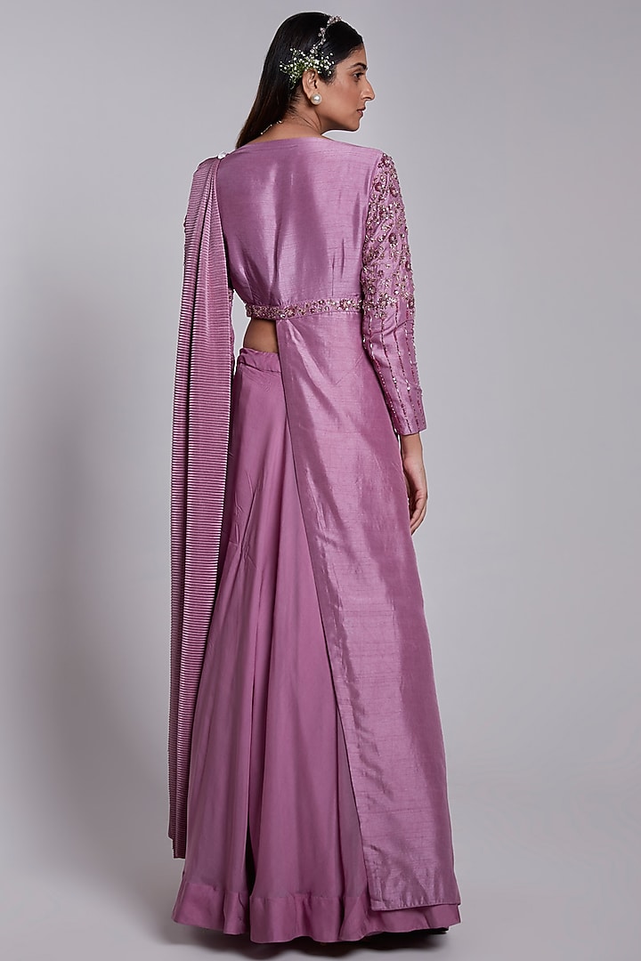 Lilac Crepe & Crush Satin Silk Pre-Draped Lehenga Wedding Saree Set by Rajkumari and Suresh at Pernia's Pop Up Shop