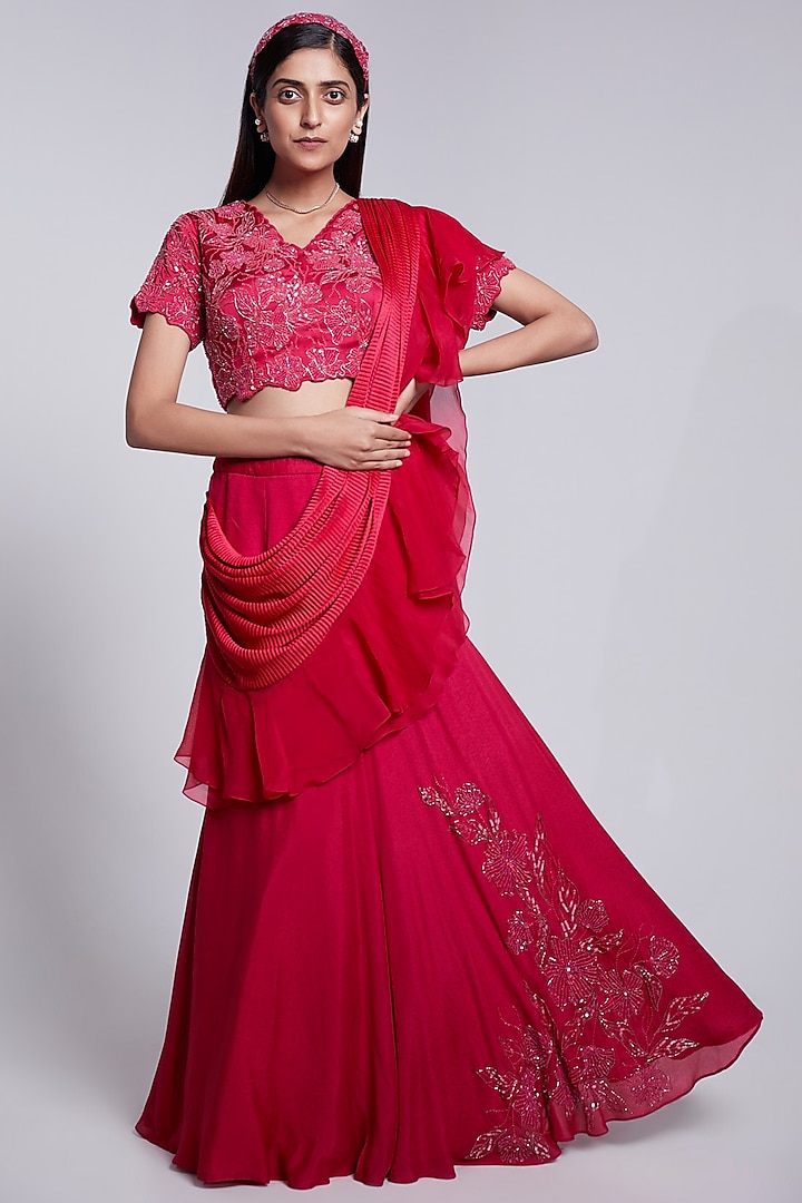 Pink Crepe & Crush Satin Silk Pre-Pleated Skirt Saree Set by Rajkumari and Suresh